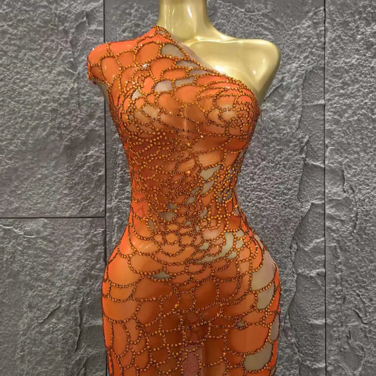 Orange Color Shinning Rhinestones Women Sexy One Shoulder Mesh Bodycon Mini Dress Celebrate Nightclub Party Bar Singer Wear