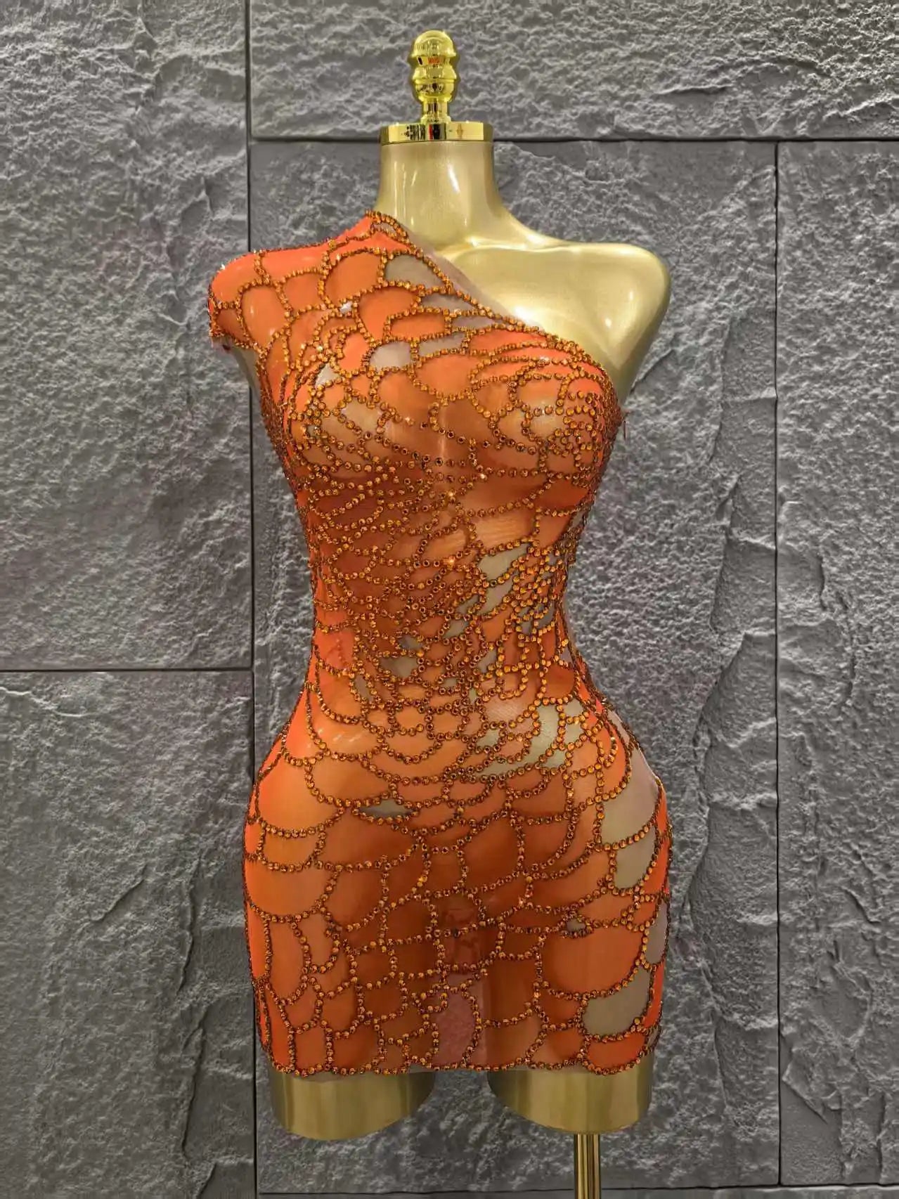 Orange Color Shinning Rhinestones Women Sexy One Shoulder Mesh Bodycon Mini Dress Celebrate Nightclub Party Bar Singer Wear