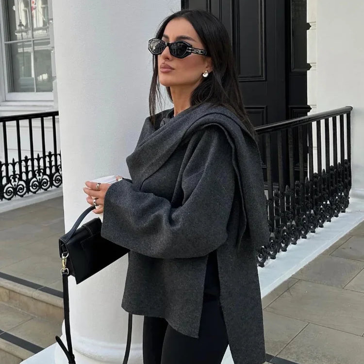 New Fashion Scarf Collar Woolen Jackets For Women Elegant Long Sleeved Side Split Casual Coats Female Chic Autumn Overcoats Dark gray