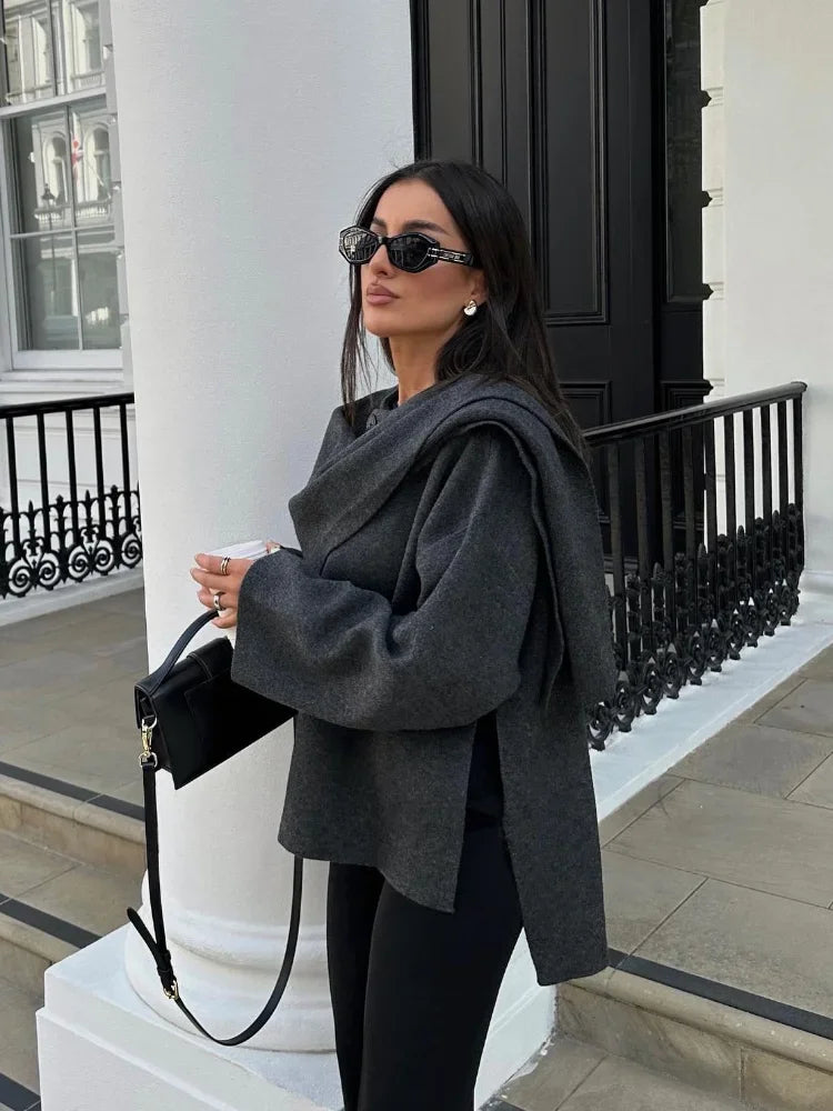 New Fashion Scarf Collar Woolen Jackets For Women Elegant Long Sleeved Side Split Casual Coats Female Chic Autumn Overcoats Dark gray