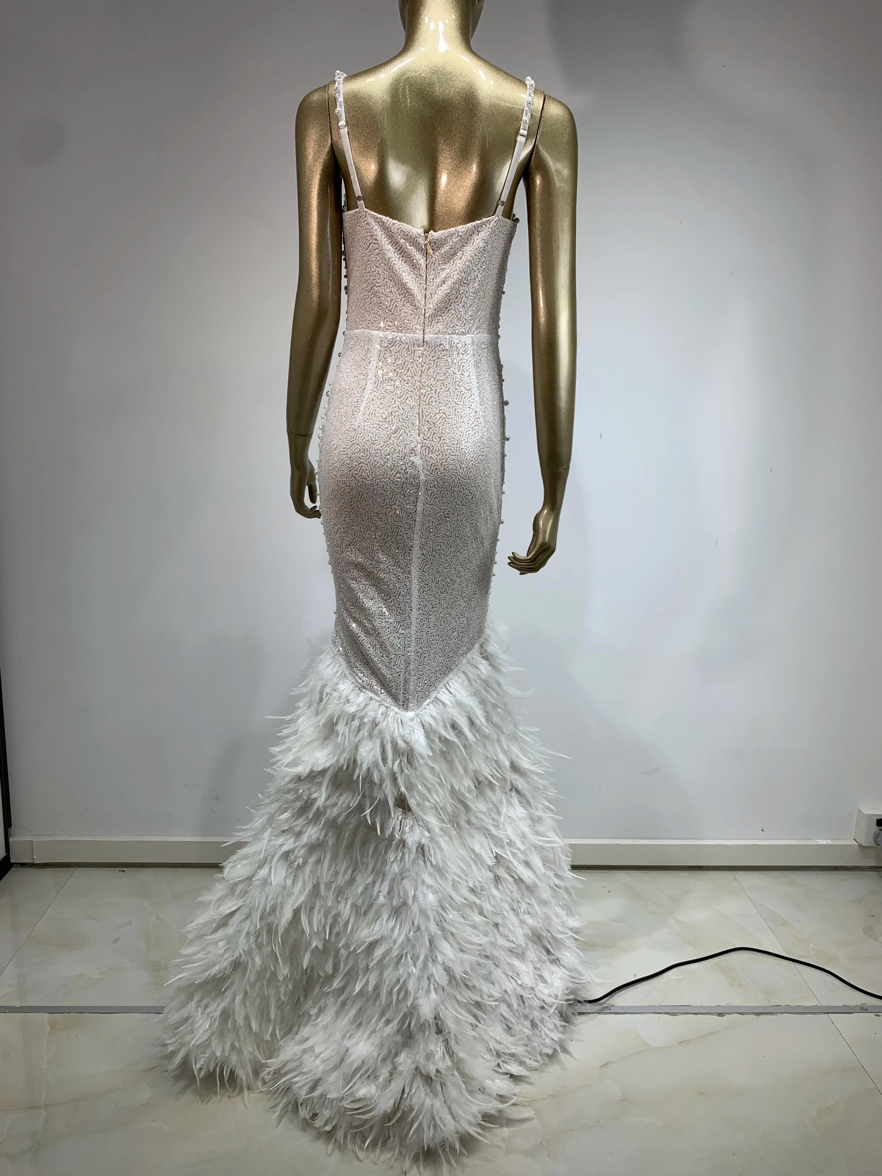 Women Celebrity Sexy V Neck Pearl Sequins Feather Maxi Long Dress 2024 Elegant Party Evening Stage Performance Dress Vestido