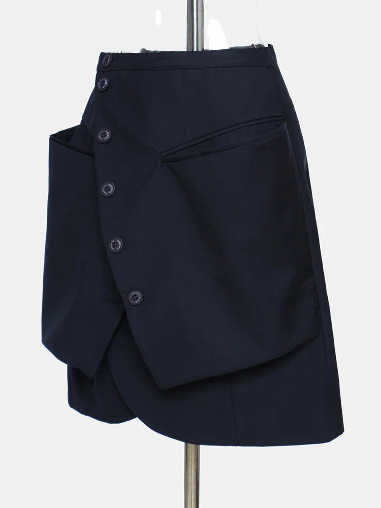 DEAT Fashion Women's Skirt Deconstruct Irregular Diagonal Buckle Pockets High Waist Mini Skirts Female Autumn New WU004