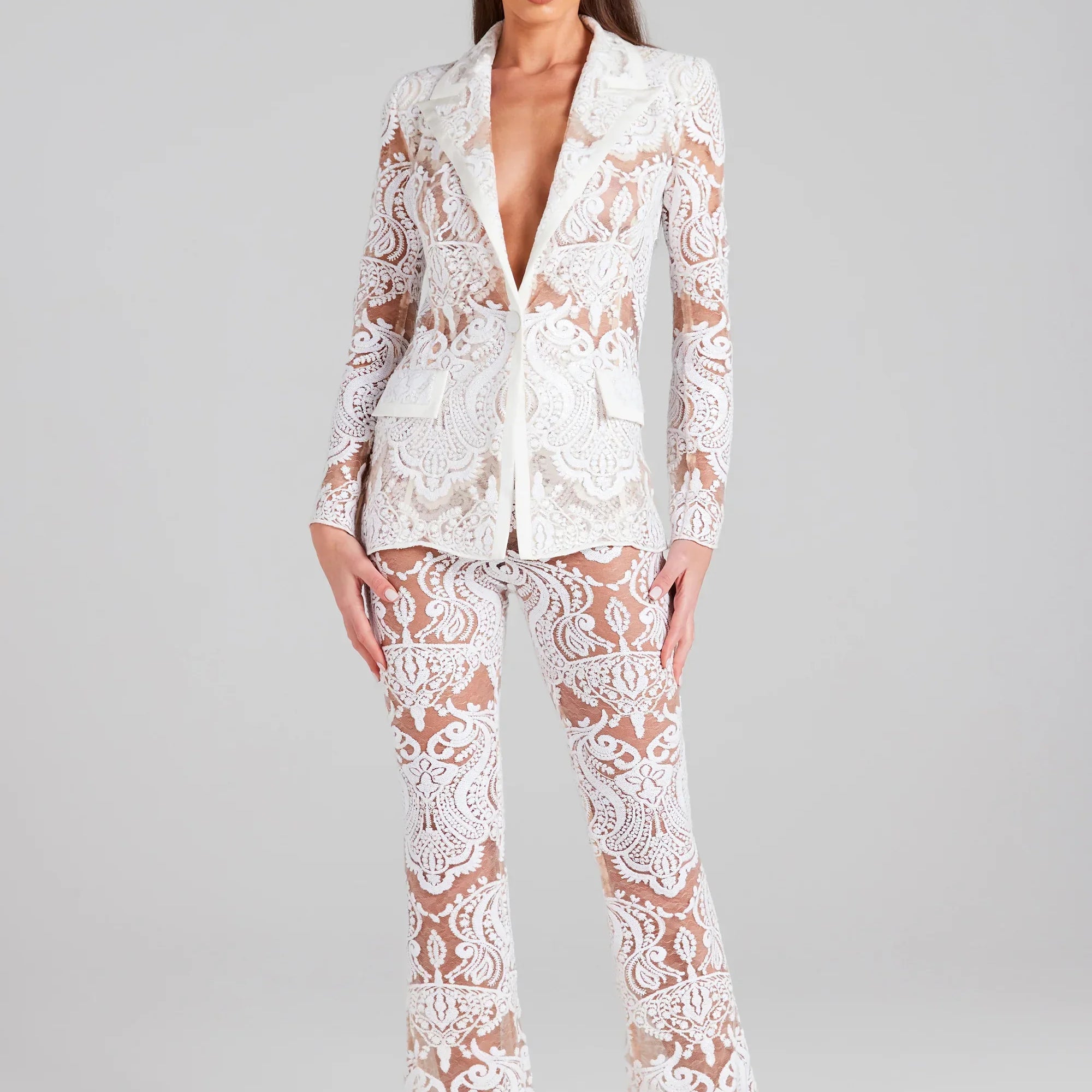 2023 White Lace Fashionable Woman Set Sexy See Through Suit Coat And Flare Pants 2 Pieces Evening Party Outfit WHITE