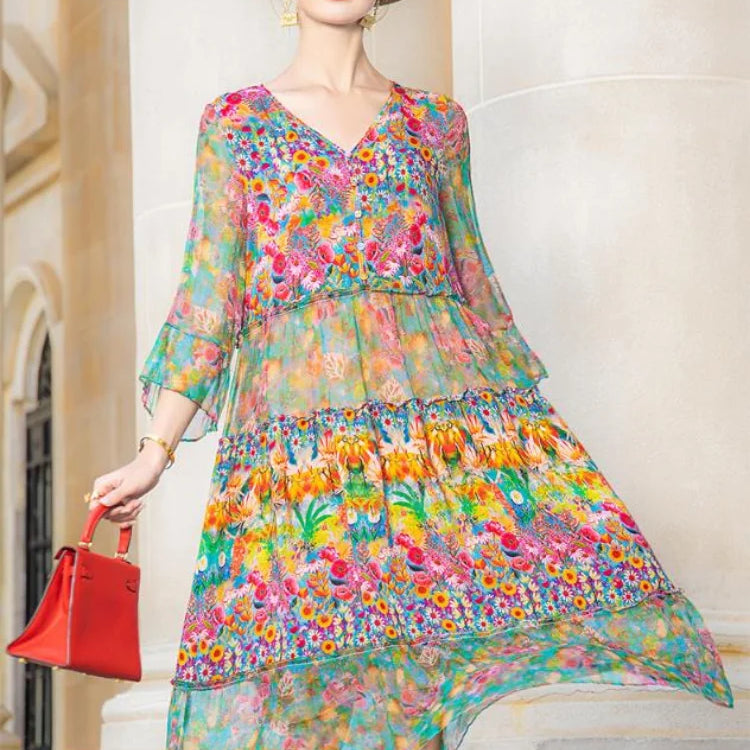 Summer 2023 Beach Boho Vintage Print Chiffon V Neck Dress Elegant Party Robe Designer Vestidos Loose Midi Dresses