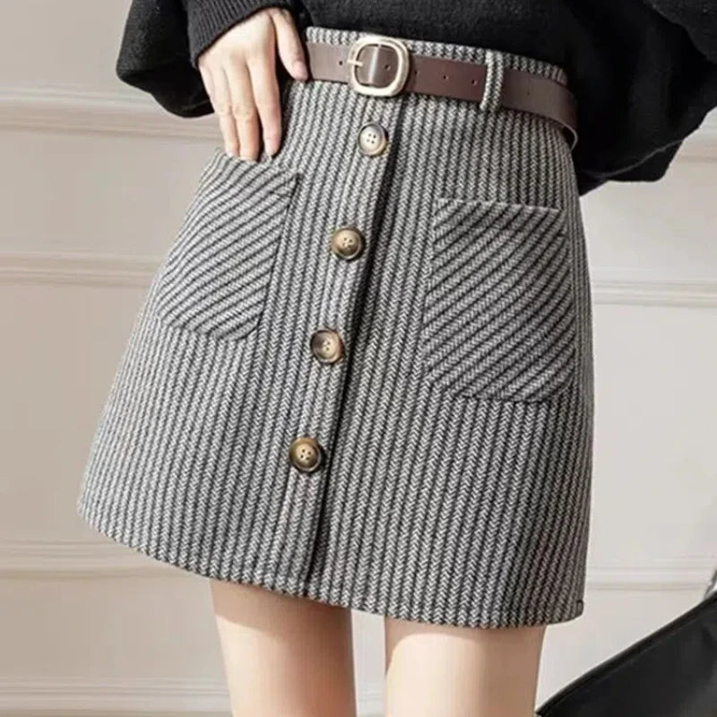 Sweet Fashion Autumn Winter Woolen Xiaoxiangfeng Women Plaid Pockets Button Korean Elegant High Waist Slim Short A-line Skirt black