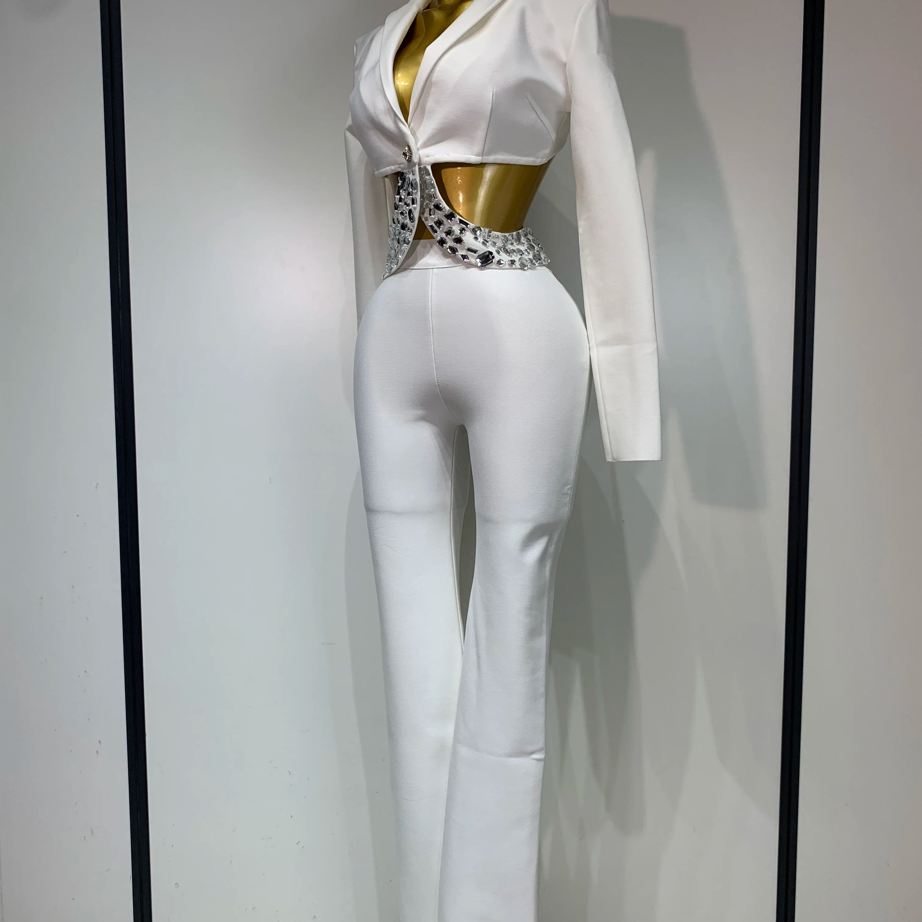 Women Sexy Long Sleeve Beading Bodycon Two Pieces Pants Bandage Set 2025 Celebrity Designer Fashion Women's Luxury Birthday Set