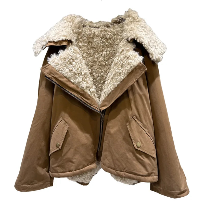 Winter New Fashionable Sailor Collar Fur Fleece Reversible Parka Coat For Women Loose Warm Jacket Female 11A07856