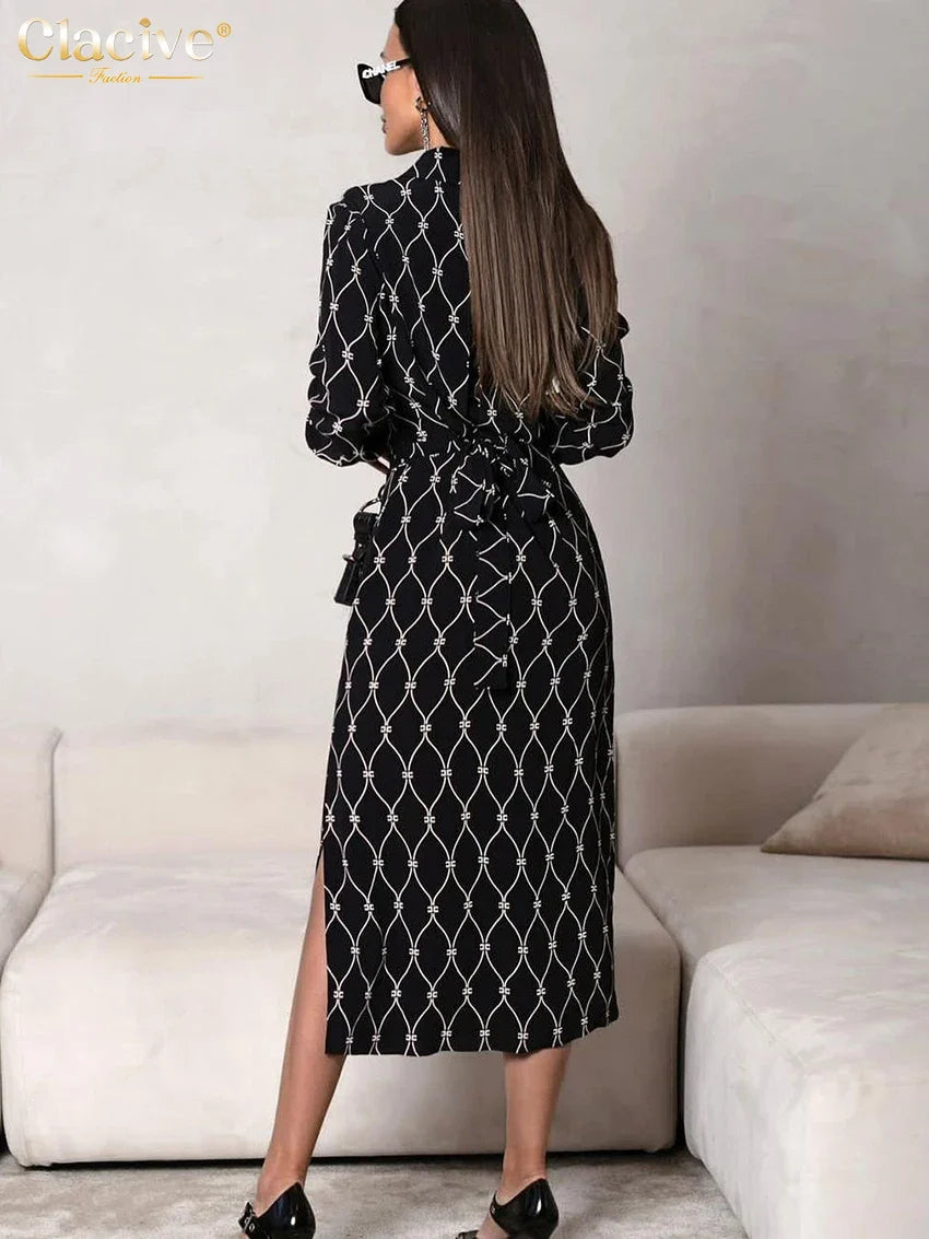 Clacive Fashion Loose Print Women'S Dress Casual Lapel Long Sleeve Midi Dresses Elegant Classic Lace-Up Slit Female Dress