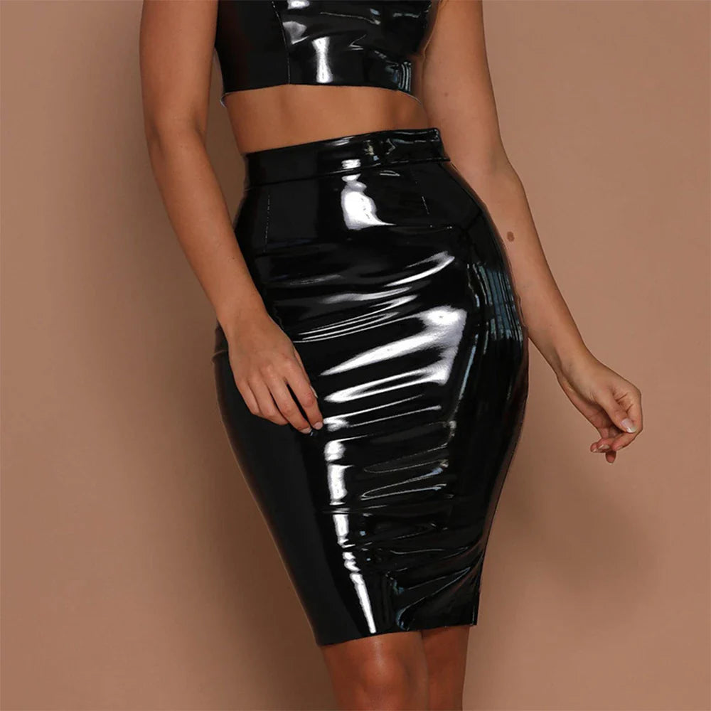 Women PU Leather High Waist Wet Look Bodycon Pencil Midi Skirts Dress Club Party Sexy Lady Outfits Bodycon Wrap Skirt Short Black