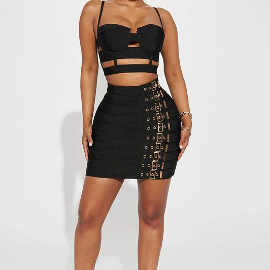 STOCK Fashion's Sexy Expose WaistWoman Set Hollow Out Short Spaghetti Strap Top And Blets Mini Skirt 2 Pieces High Street Wear black