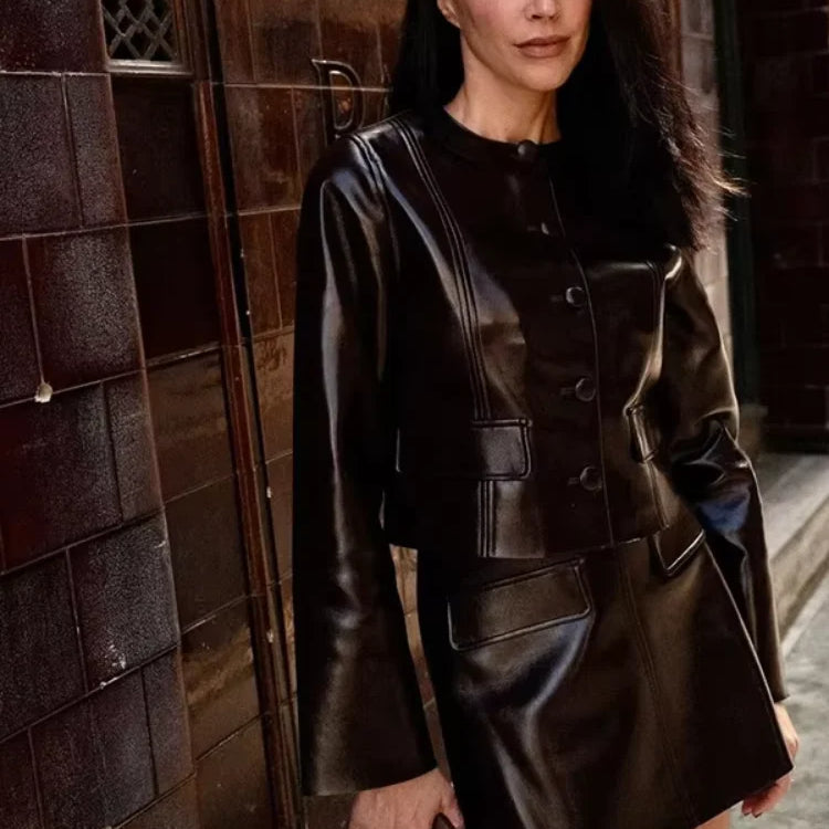 PU Leather Jackets Short Skirt Sets Women Single-Breasted Jacket Suits With High Waisted Mini Skirts Lady High Street Outfits