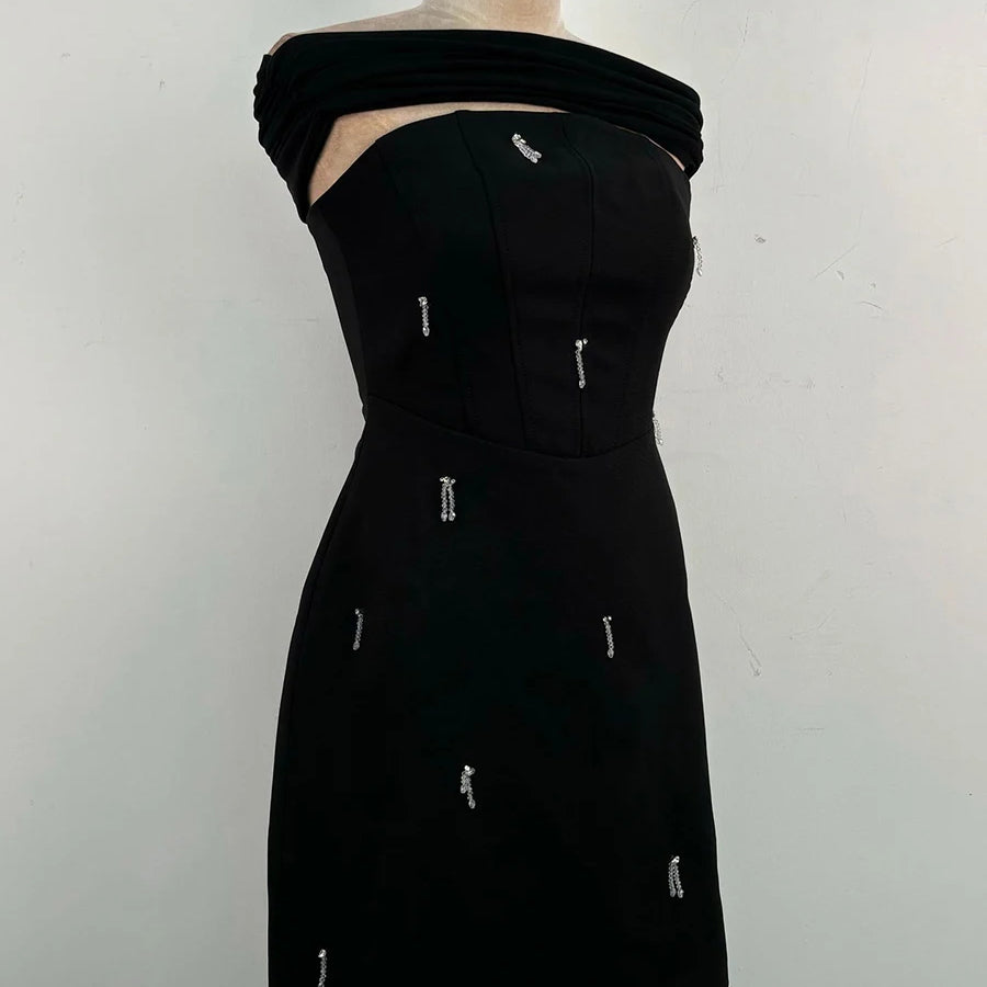 Solid Slimming Spliced Bead Elegant Dresses for Women Strapless Sleeveless Temperament Mini Dress Female Fashion