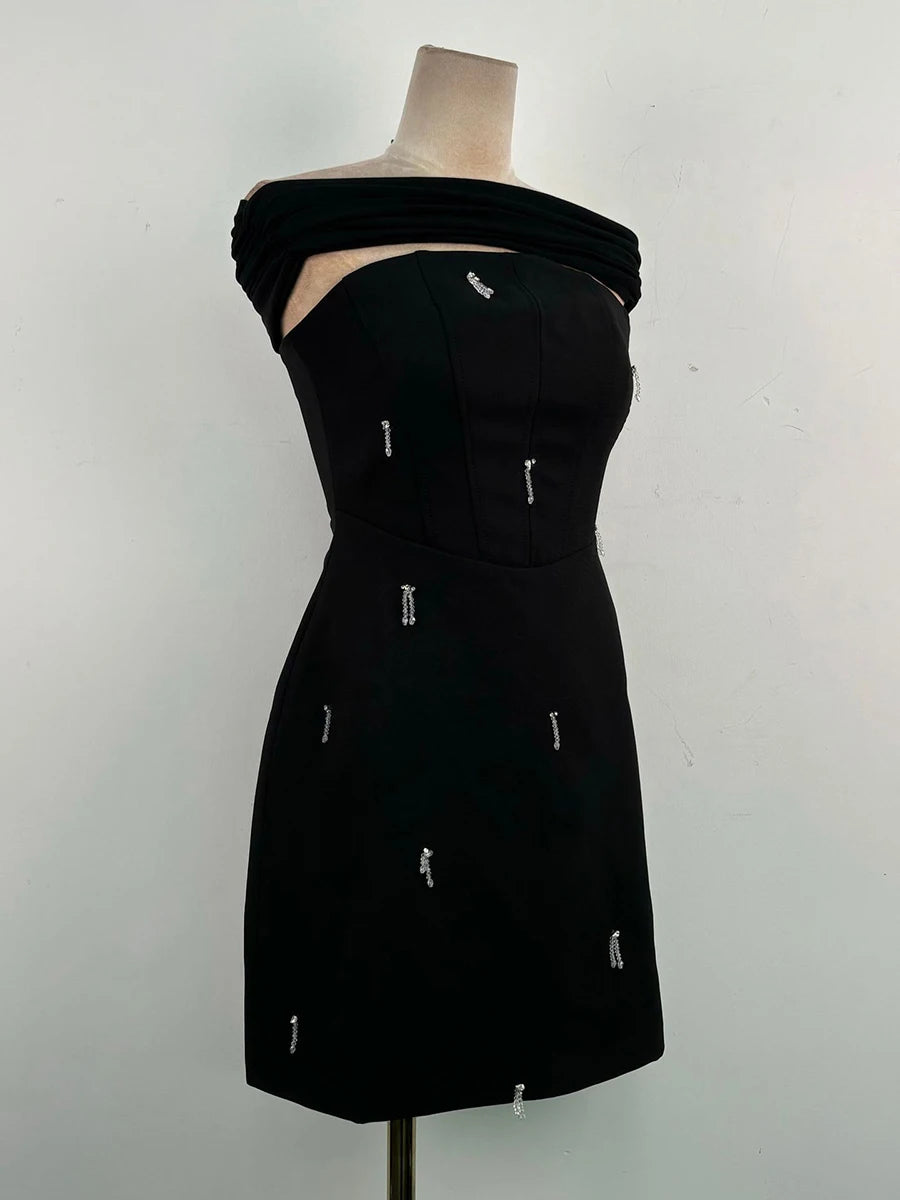Solid Slimming Spliced Bead Elegant Dresses for Women Strapless Sleeveless Temperament Mini Dress Female Fashion