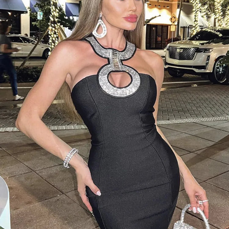 Women Summer Sexy Backless Halter Sequined Diamonds Sparkly Black Bodycon Bandage Dress 2023 Elegant Evening Club Party Dress