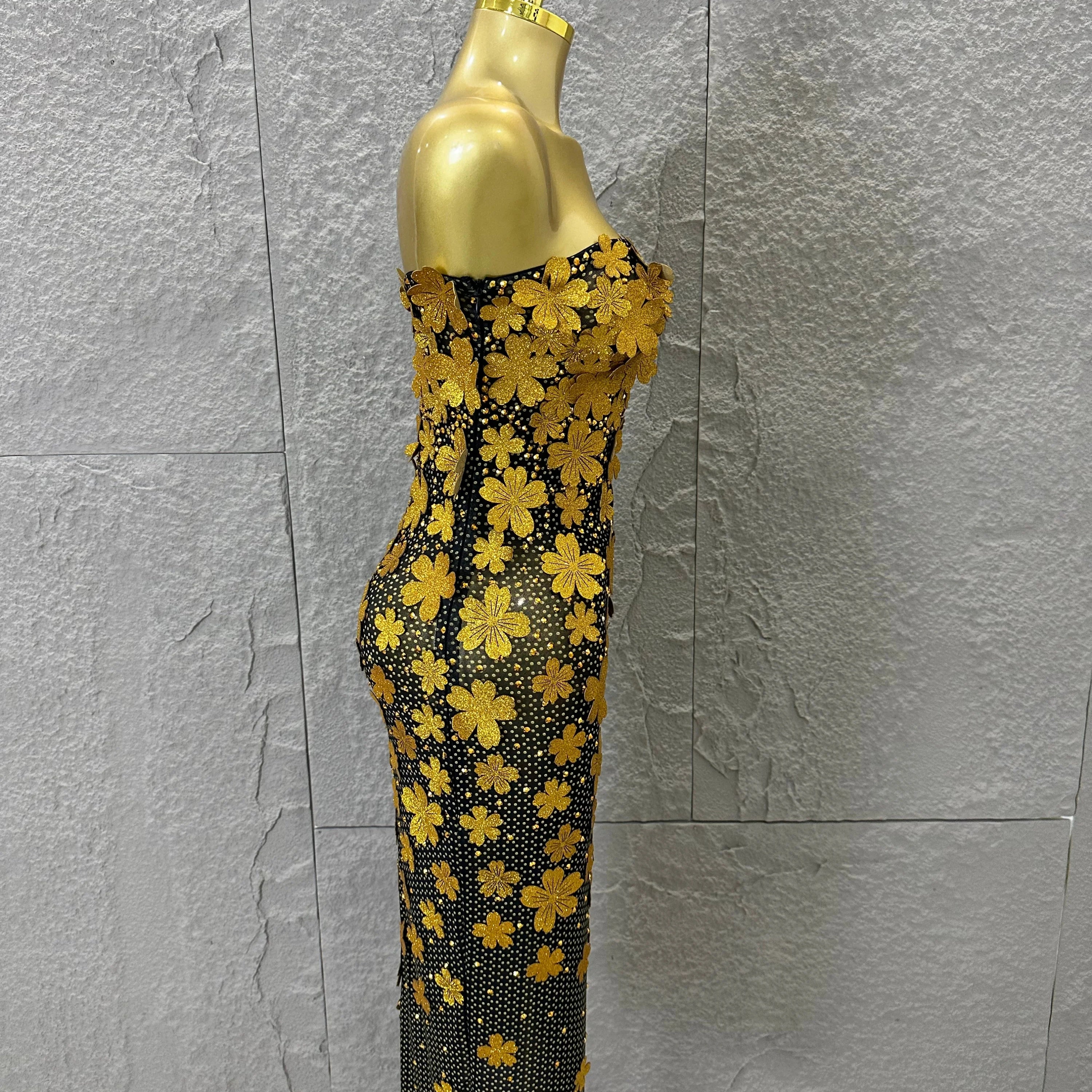 Sparkly Women Sexy Strapless Slim-fit 3D Flower Evening Gala Party Nightclub Cocktail Party Stage Performance Costume