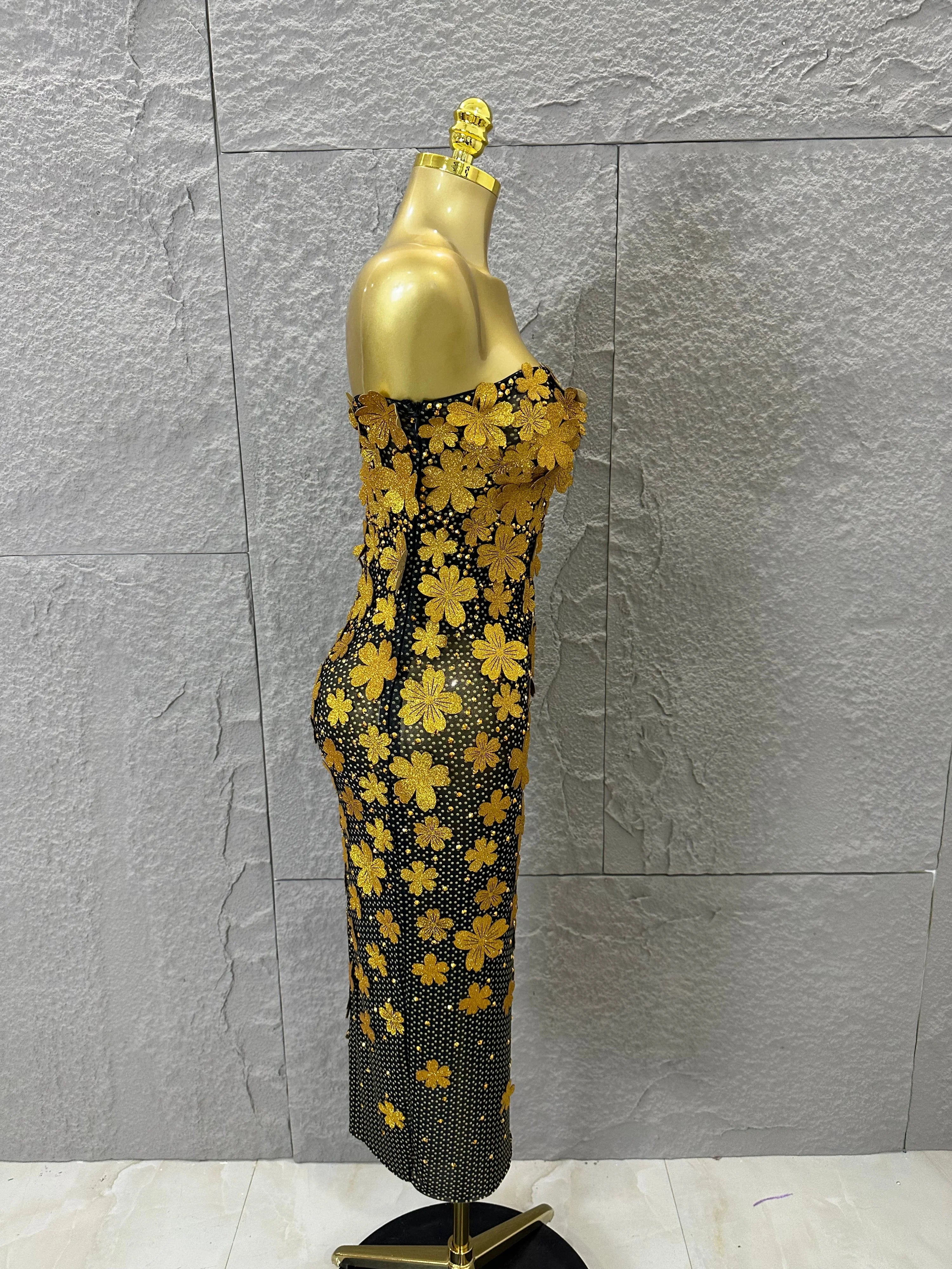 Sparkly Women Sexy Strapless Slim-fit 3D Flower Evening Gala Party Nightclub Cocktail Party Stage Performance Costume