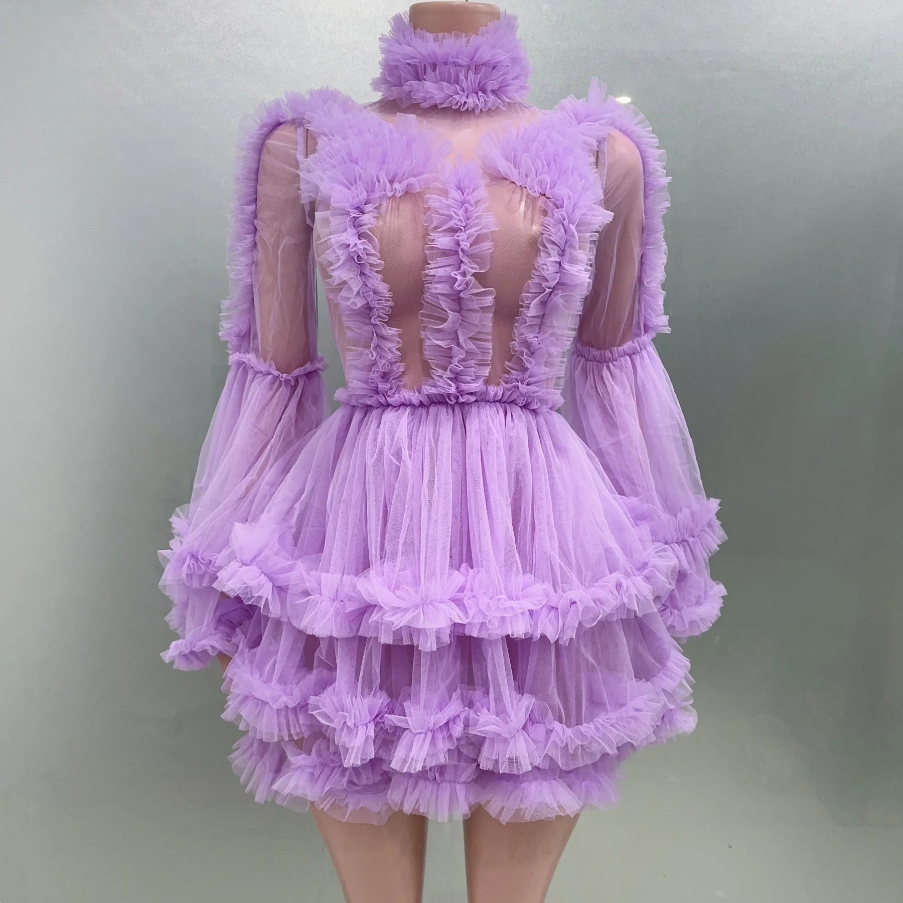Purple Color Women Sexy Puff Sleeve Mesh Ruffles Mini Dress Birthday Celebrate Party Girls' Photo Shoot Wear Vestido