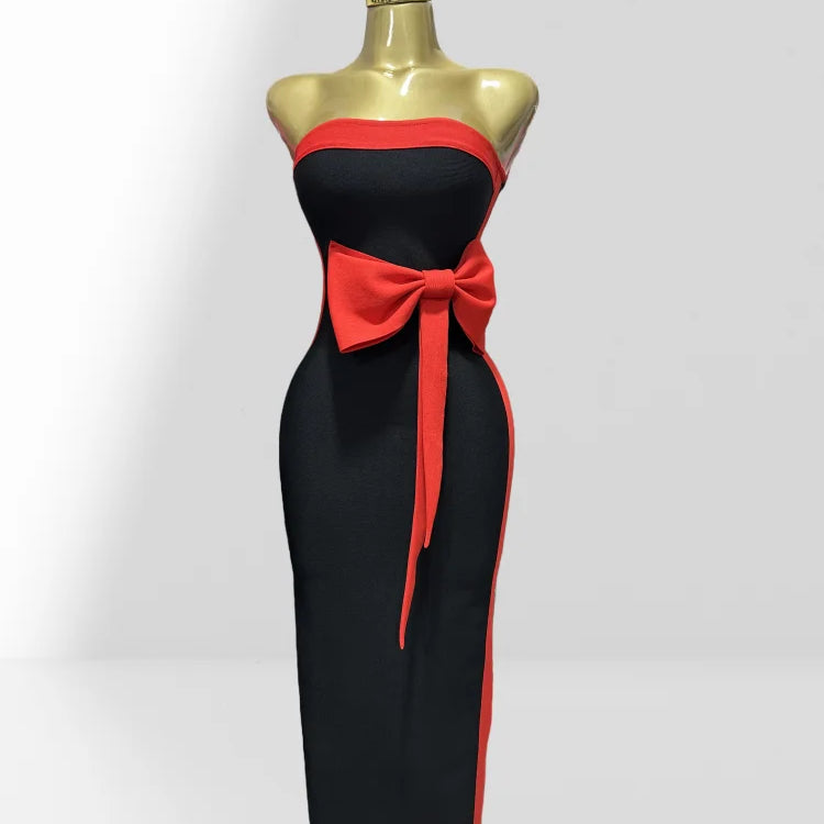 2025 Graceful Bow Sleeveless Strapless Sheath Black Bandage Ankle Lengh Dress Woman Party Vestido Celebrity Cocktail Outfit