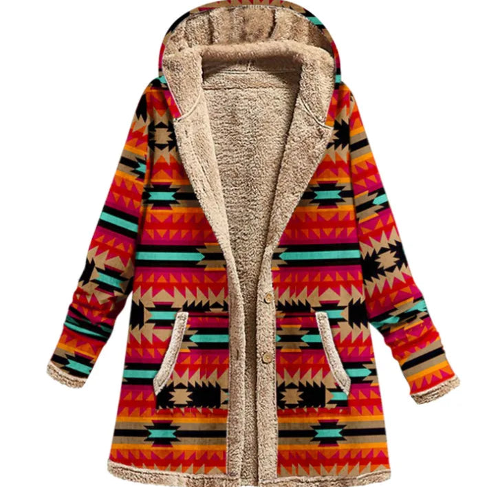 Print Casual Women Coat Vintage Hooded Overcoat Female Fashion Warm Long Sleeve Coats Ladies Plush Jacket Autumn Winter Orange