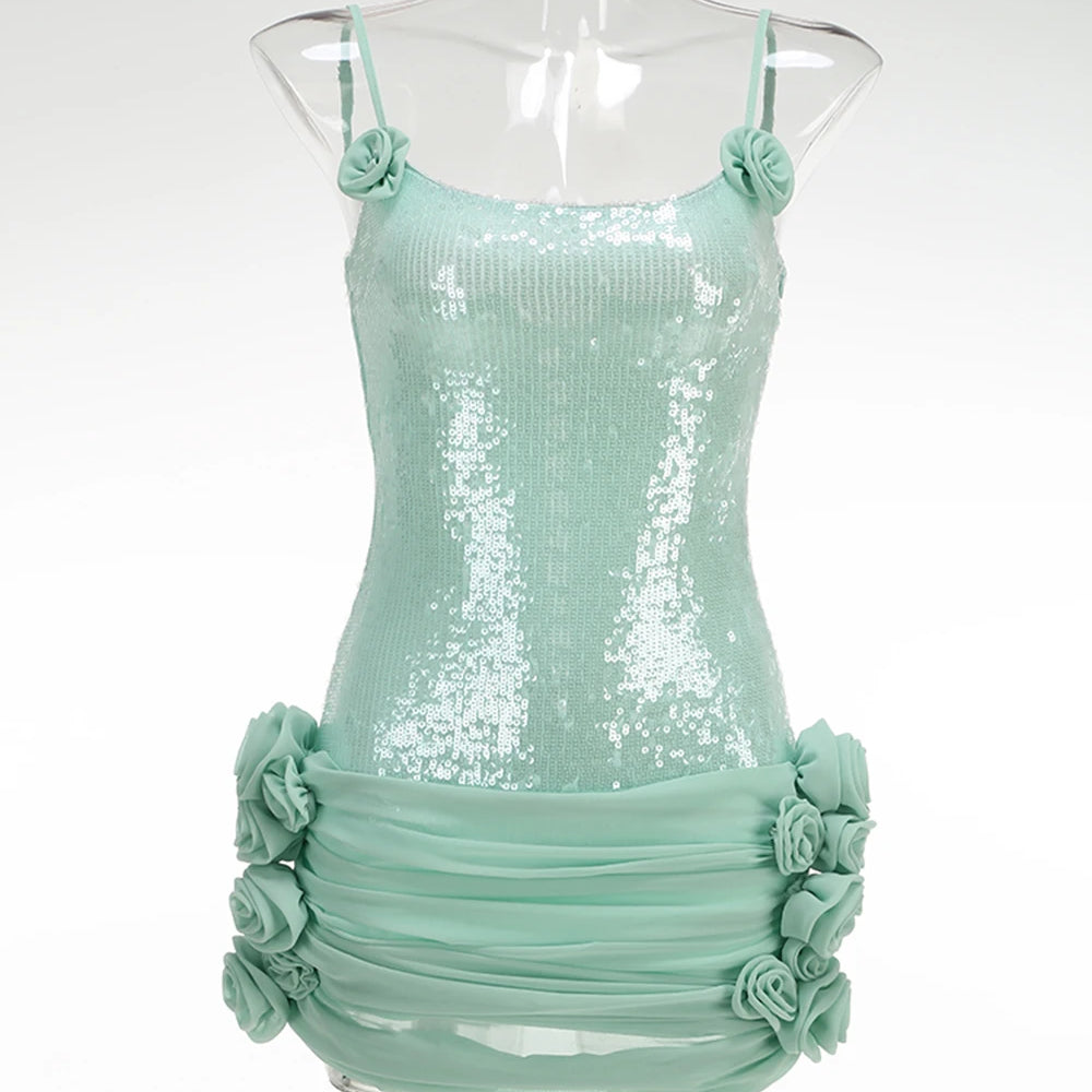 2025 New Stereoscopic Flowers Sequin Patchwork Sling Short Evening Dress Sweet Woman Birthday Party Dress Performance Costume