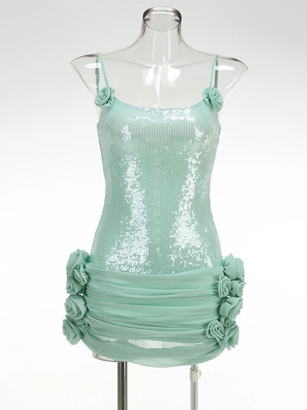 2025 New Stereoscopic Flowers Sequin Patchwork Sling Short Evening Dress Sweet Woman Birthday Party Dress Performance Costume