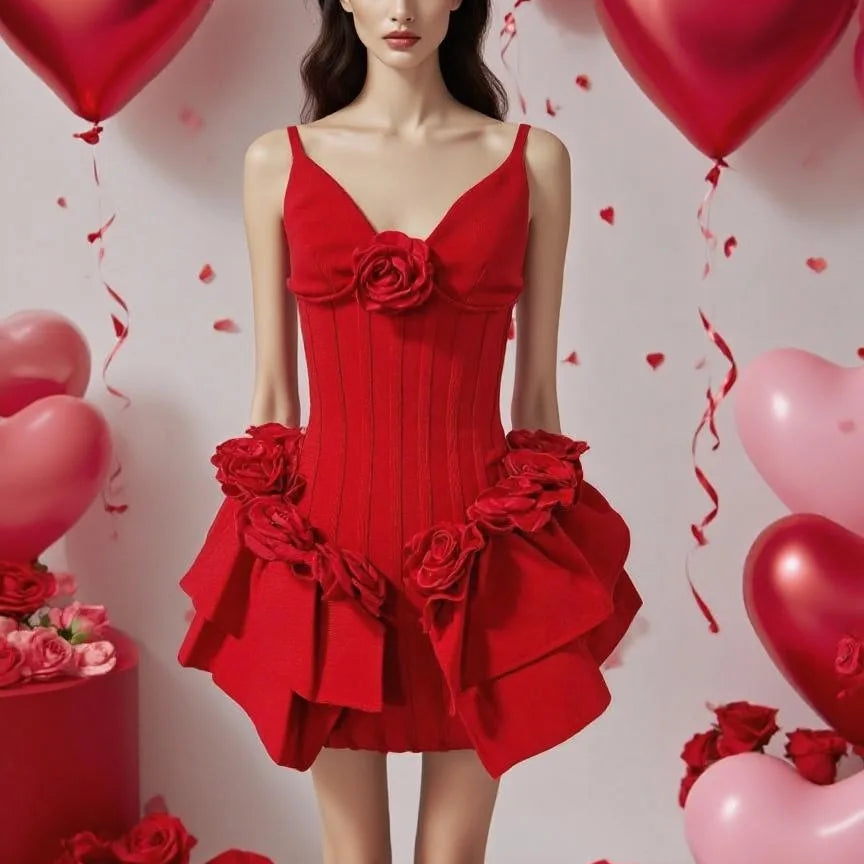 Red Color Women Sleeveless Florals Sexy V-Neck Bodycon Mini Bandage Dress Nightclub Party Celebrate Christmas Wedding Outfit