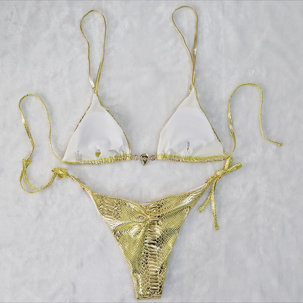 Bikini triangular sexy, traje de baño de mujer con diamantes de cristal simples, traje de baño de piel de serpiente estampado en oro