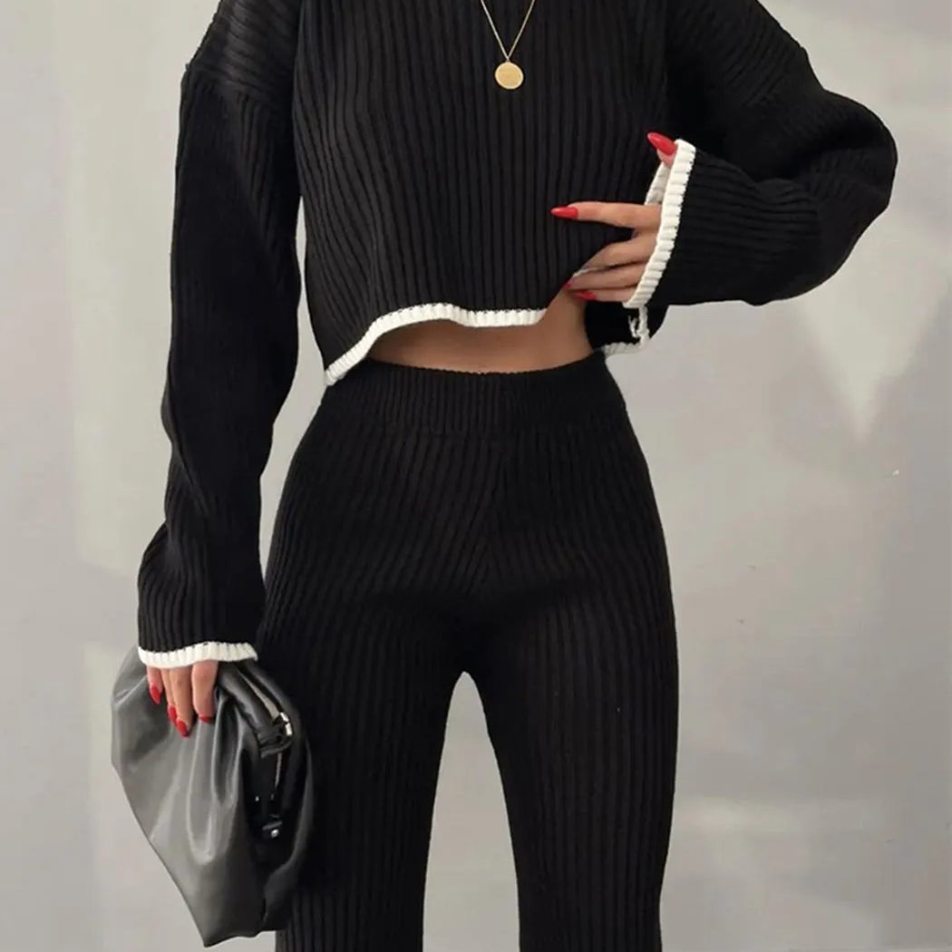 Split Women Knitted Suit O-neck Long Sleeve Cropped Sweater Elastic High Waist Winter 2 Pieces Set For Women 2024 Casual Outfits