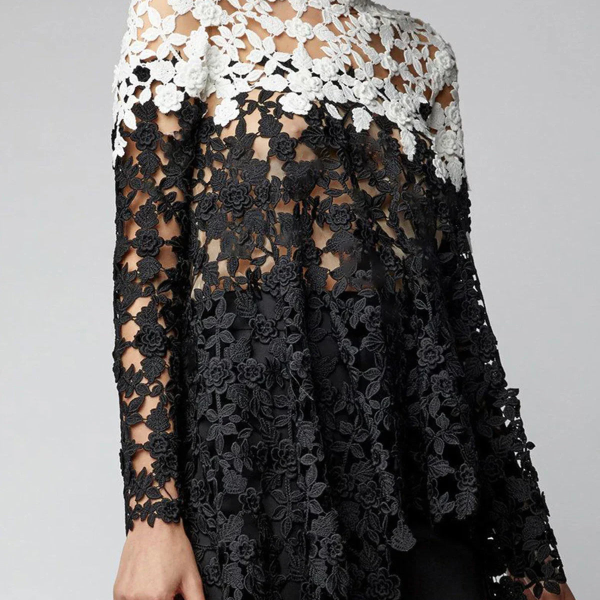 Asymmetrical Top Women Lace Hollow Out Shirt Long Sleeve Irregular Floral Guipure Colorblock Stand Collar Female Loose Blouse