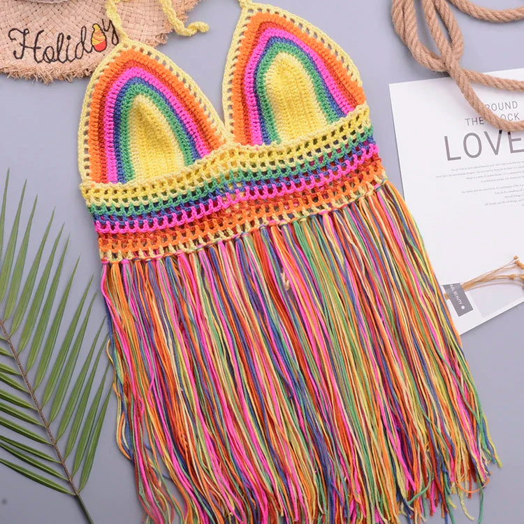 Crochet Hollow Out Tassel Beach Cover Up Sexy Women Mini Tops Beachwear Bikini Swimwear Bathing Suit Cover Up Bikini Top One Size
