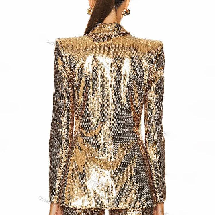 2025 New Autumn Golden Sequins Women Long Sleeve Deep V-Neck Slim 2 Pieces Women's Set Elegant Evening Party Cocktail Wear