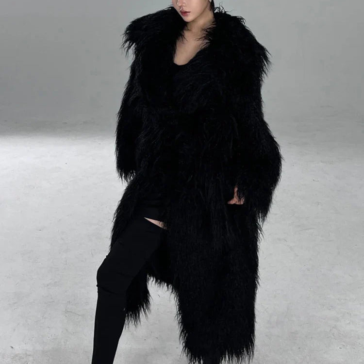 Winter Long Black Hairy Shaggy Thick Warm Soft Fluffy Faux Fur Coat Women Sashes Luxury Designer Overcoat Runway Fashion