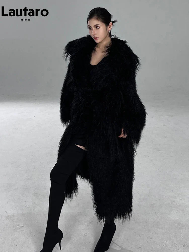 Winter Long Black Hairy Shaggy Thick Warm Soft Fluffy Faux Fur Coat Women Sashes Luxury Designer Overcoat Runway Fashion