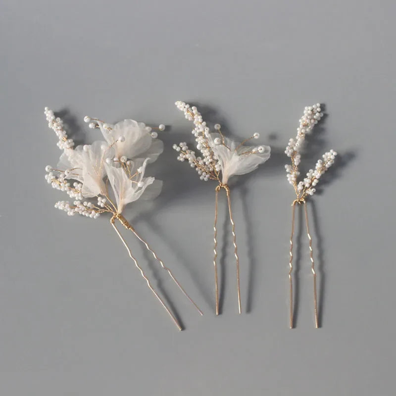 Fabric Floral Bridal Hair Pins Clips Gold Color Pearls Wedding Hair Pieces Women Accessories Handmade