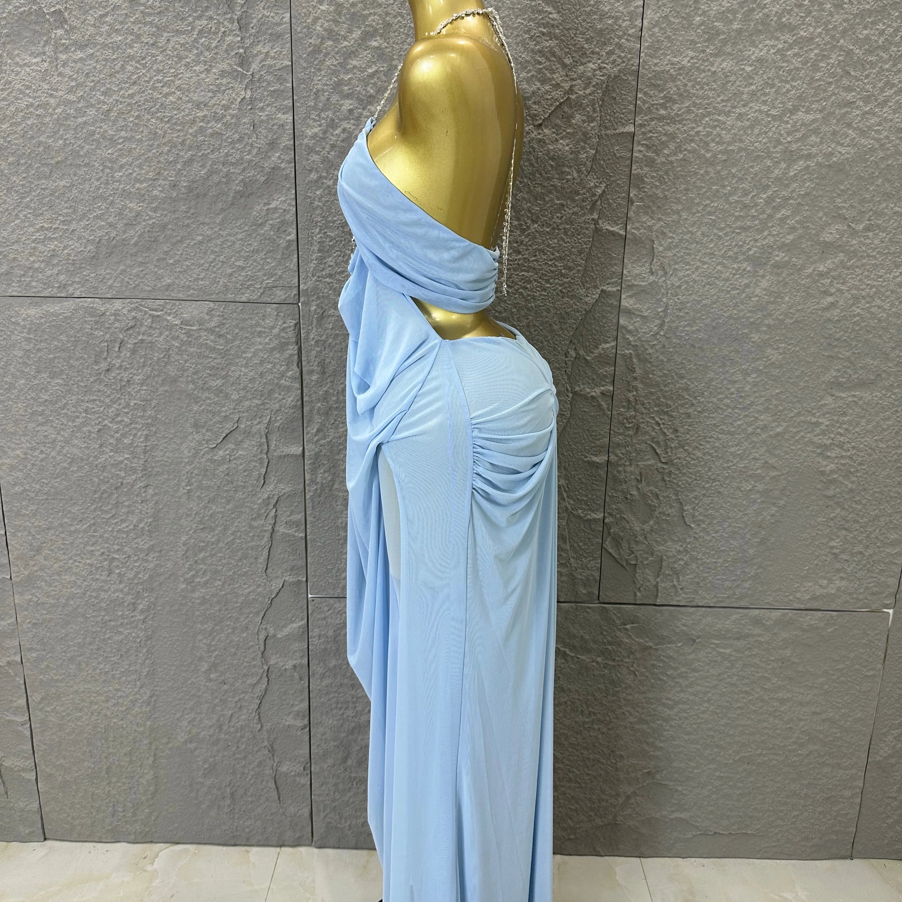 Sexy Halter Neck Maxi Dress Crystal Chain Cutout Ruched Women Sheer Mesh Form Outfit Glamorous Evening Gala Party Costume