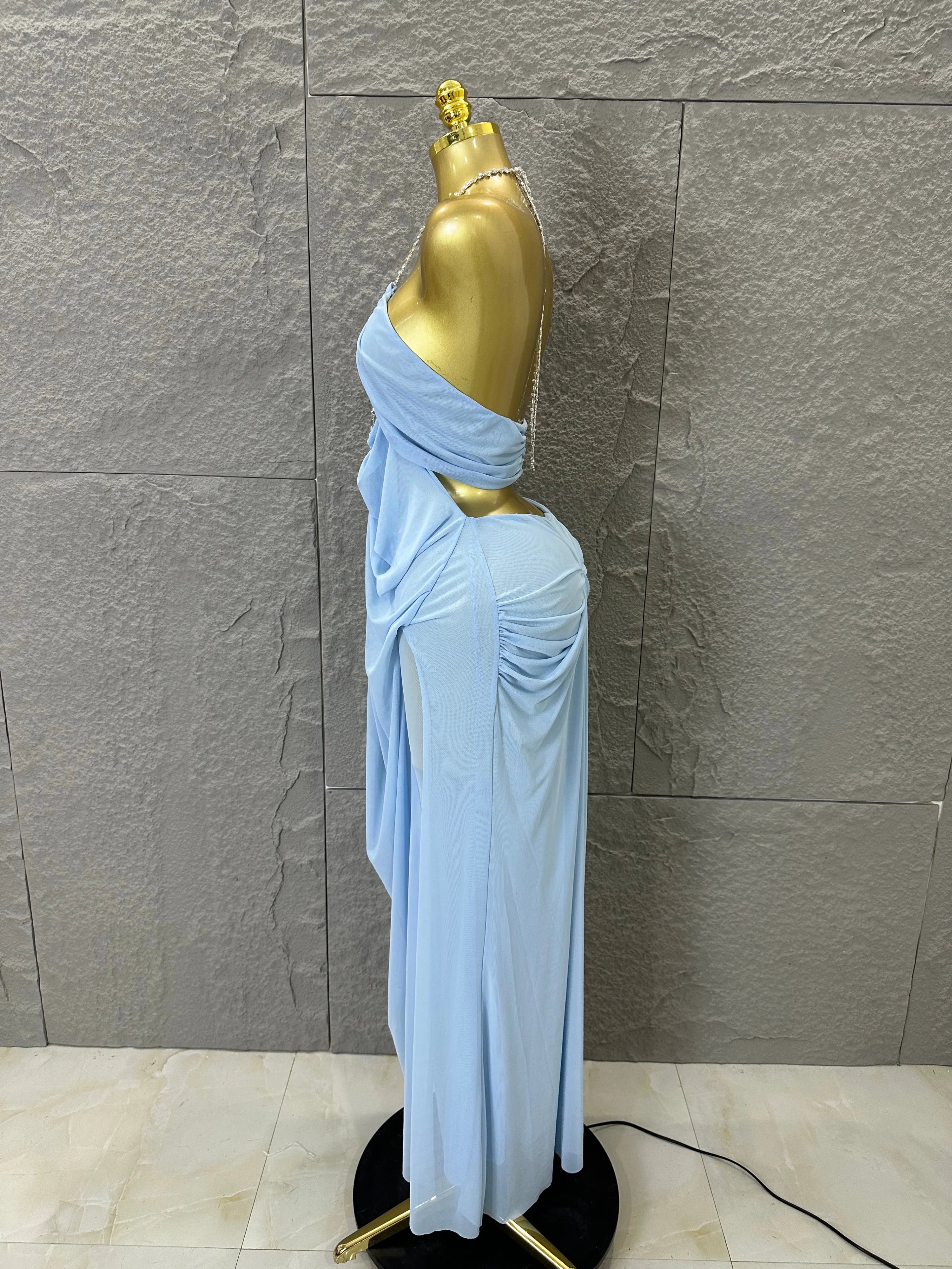 Sexy Halter Neck Maxi Dress Crystal Chain Cutout Ruched Women Sheer Mesh Form Outfit Glamorous Evening Gala Party Costume