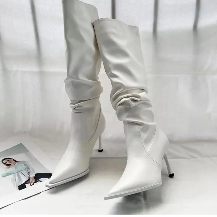 Pointed Pleated High Barrel Boots for Women in Autumn Thin Heel Stacked Boots High Heel Below Knee Long Barrel Boots WHITE