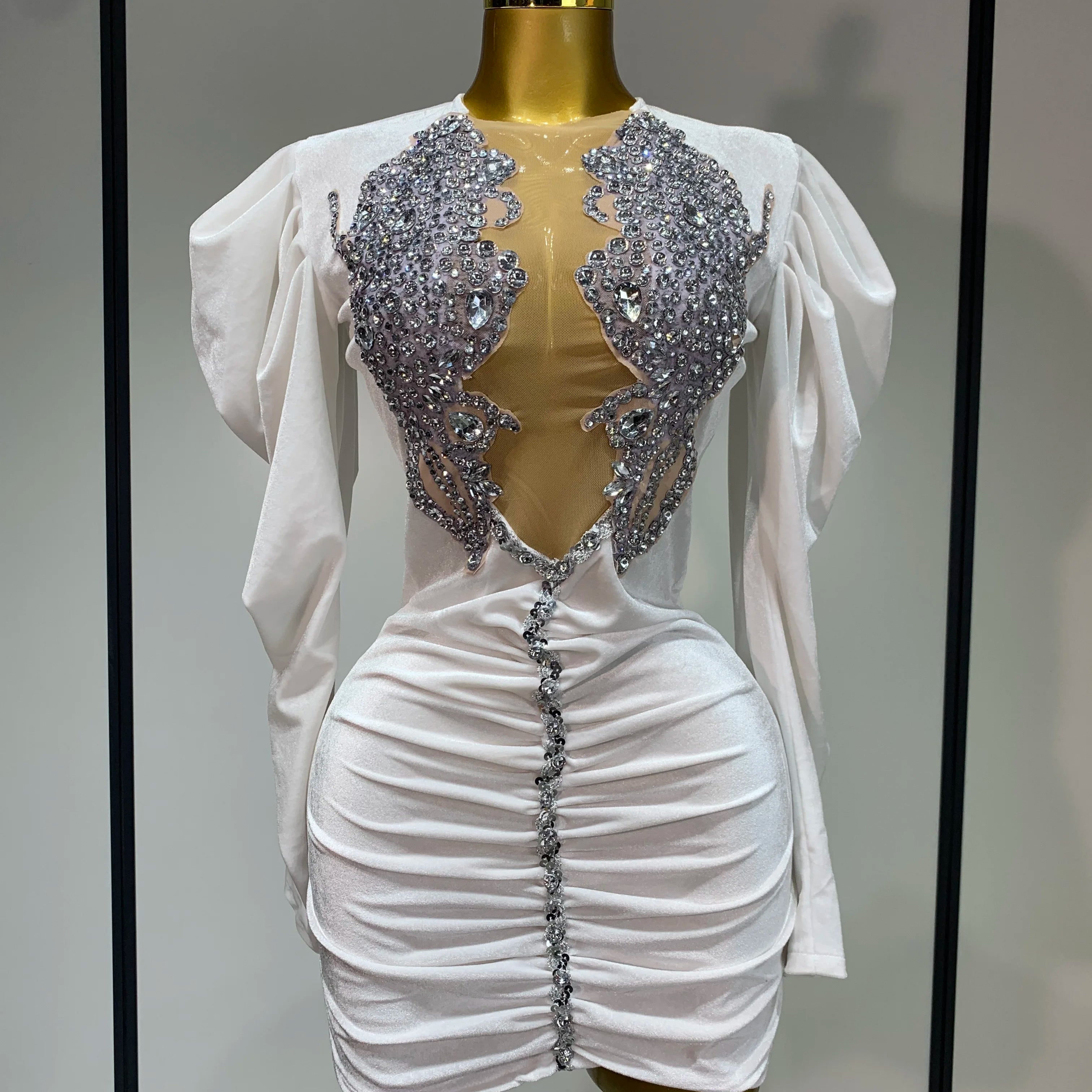 Luxury Birthday Dress Sparkly Crystals Sexy Mesh Velvet Short Dress 2025 Women Elegant Evening Party Nightclub Stage Costume WHITE