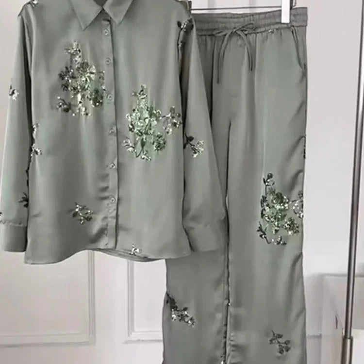 Fashion Print Sequin Shirt 2 Piece Sets For Women Loose Lapel Long Sleeves Top Wide Leg Pants Suits Lady Elegant Outfits