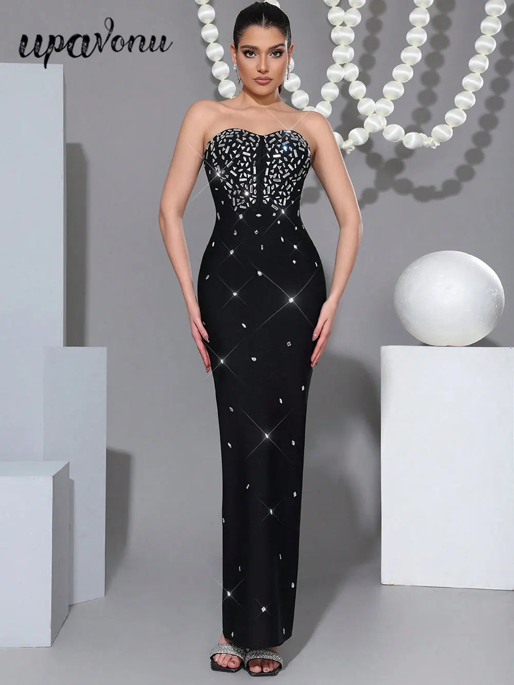 2025 Sexy Women's Nail Bead Design Bandage Dress Strapless Sleeveless Bodycon Backless Long Dress Cocktail Dinner Dress Vestitos