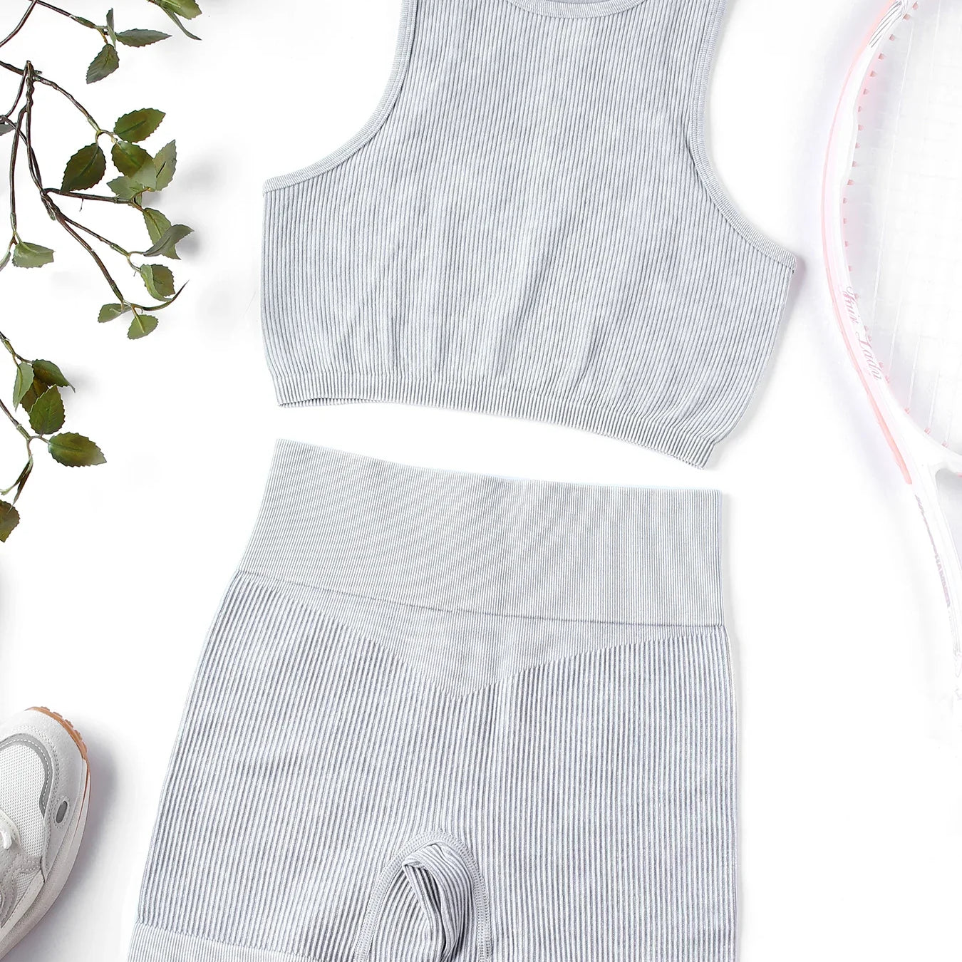 SALSPOR Wash Fitness Summer Sport Outfit for Woman High Waist Stretch Yoga Gym Set Women Activewear Running Outdoors Shorts Sets Grey