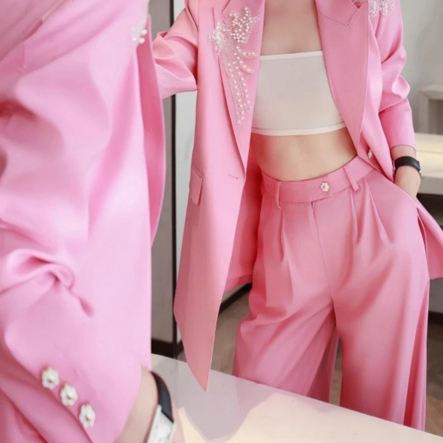 Solid Spliced Appliques Two Piece Sets for Women Lapel Long Sleeves Patchwork Button Top High Waist Pant Set Female
