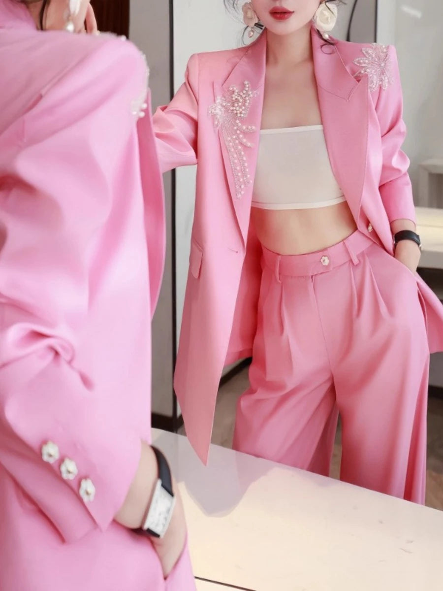 Solid Spliced Appliques Two Piece Sets for Women Lapel Long Sleeves Patchwork Button Top High Waist Pant Set Female