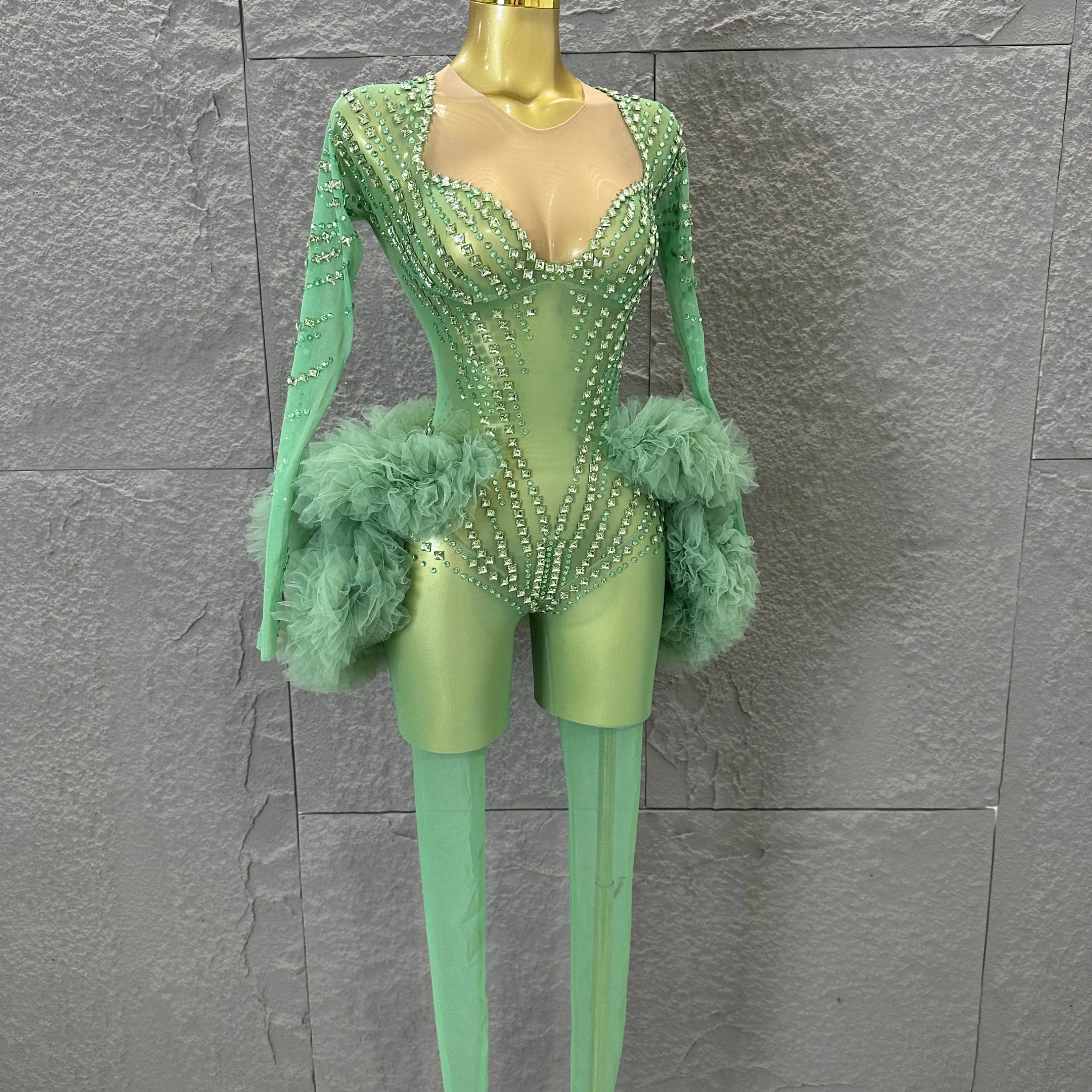 Sparkly Green Long Sleeve Bodysuit Women Stage Performance Sheer Mesh Rhinestone Embellished Ruffle Tulle Latin Dance Costume