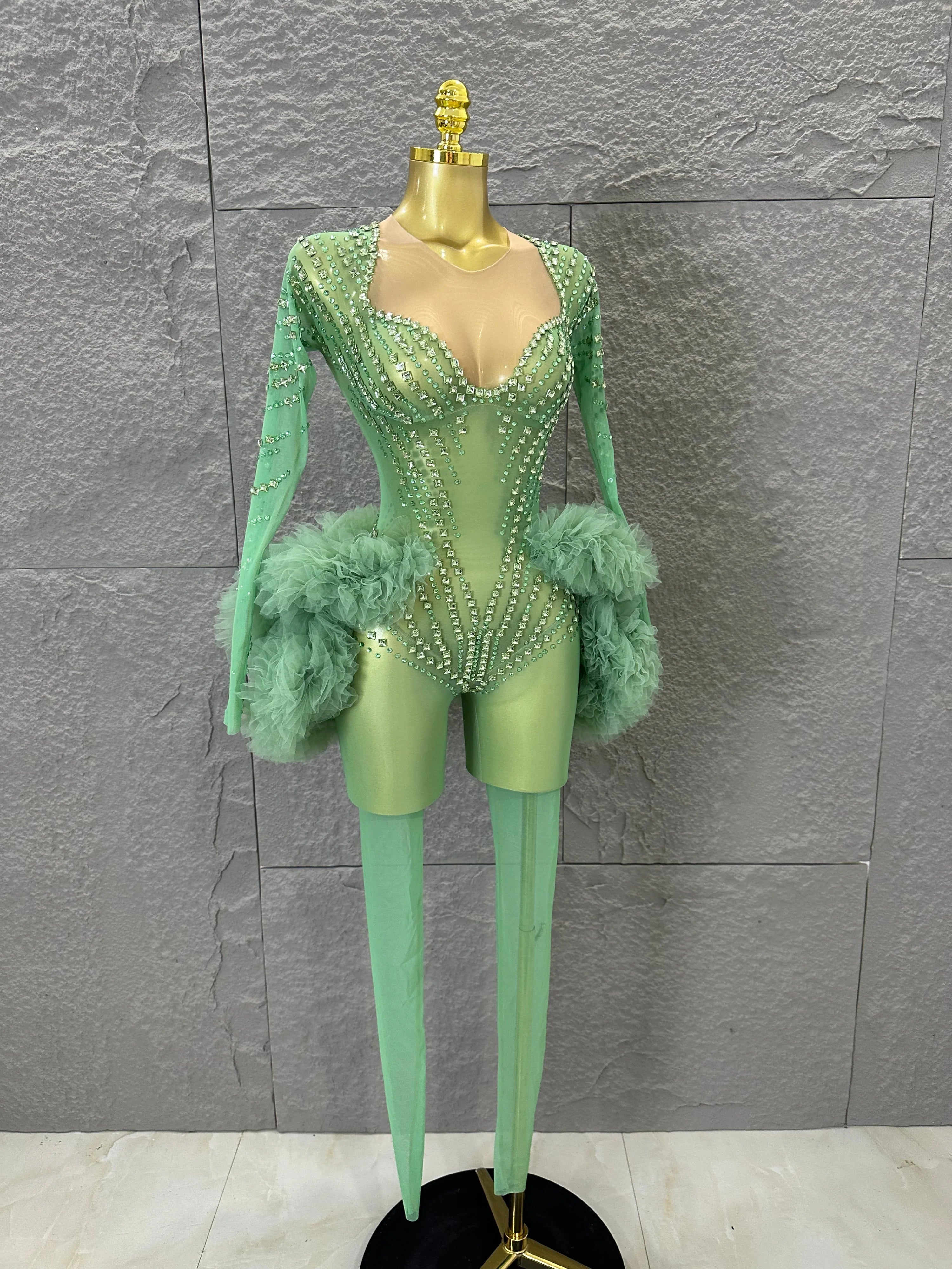 Sparkly Green Long Sleeve Bodysuit Women Stage Performance Sheer Mesh Rhinestone Embellished Ruffle Tulle Latin Dance Costume