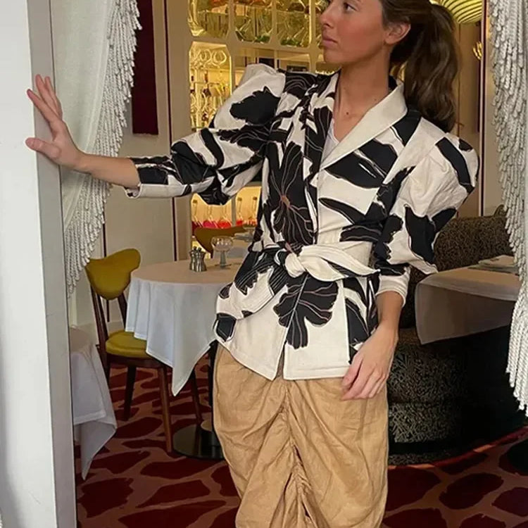 Fashion Flower Print Belt Women Shirts Spring Summer Elegant Slim Lapel Puff Sleeve Blouses Vintage Lady Office Streetwear