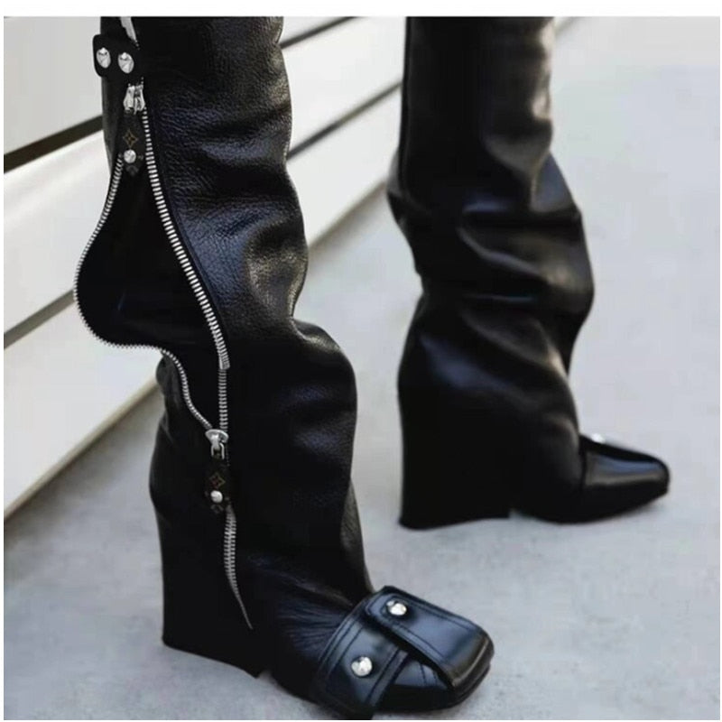 Punk Fan Motorcycle Boots Wome's Zipper Thick Sole Knee High Boots European and American Trend Nightclub Party