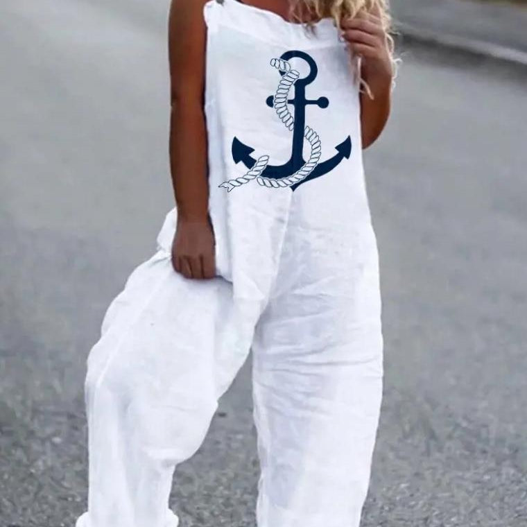 Woman Summer Jumpsuits Fashion Anchor Print Suspender Jumpsuit Casual Sexy Sleeveless Romper Elegant Streetwear C