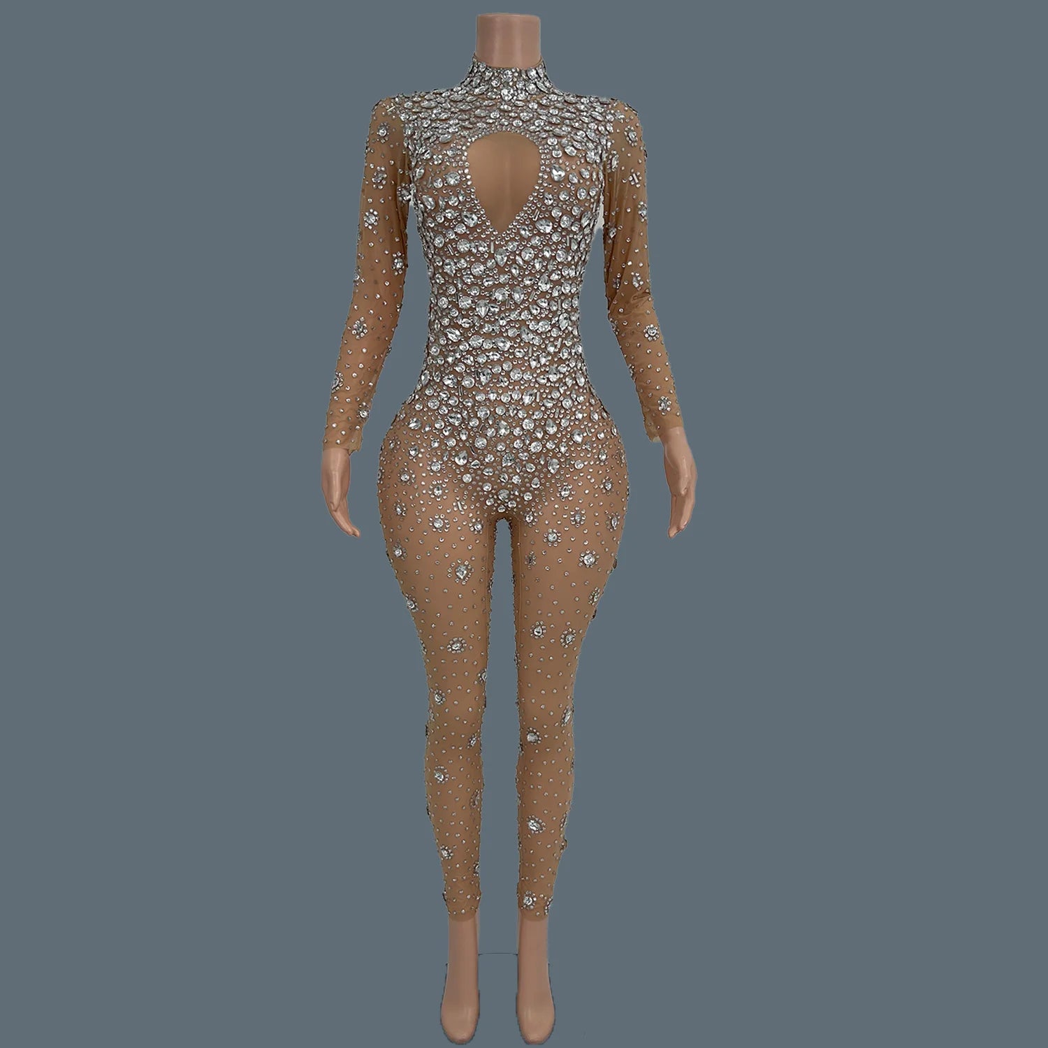 Sparkly Rhinestone See Through Mesh Tight Fitting Jumpsuit Women Night Party Outfit Female Singer Stage Performance Wear Cuican Beige