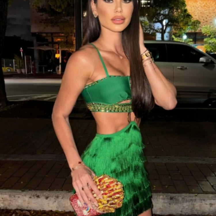 2024 New Green Color Women Sexy Strap Bodycon Mini Bandage Dress Tassels Shinning Crystal Nightclub Party Celebrate Dress